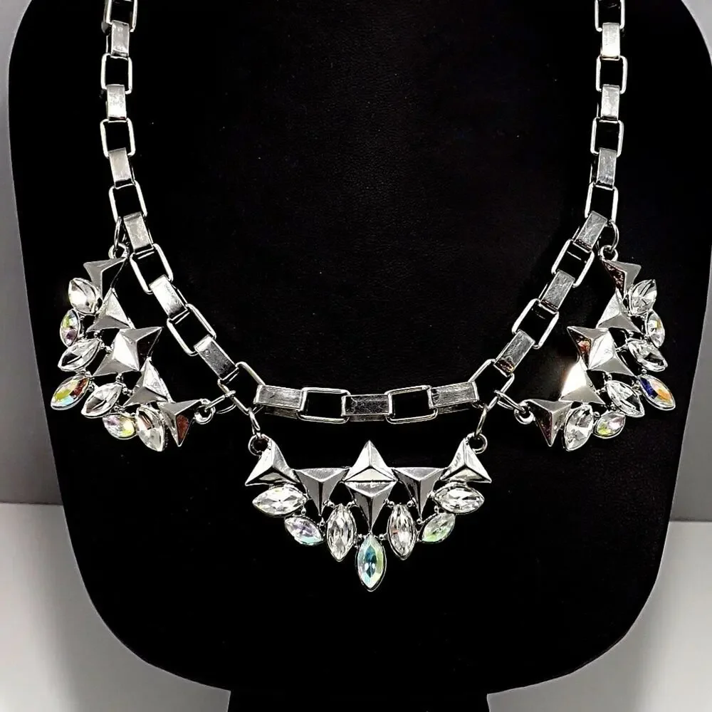 Silver Tone Statement Necklace, Aurora Borealis Rhinestones, 20 Inches